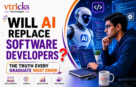 A graduate weighing AI and software development career choices, with code and AI icons on a laptop screen.