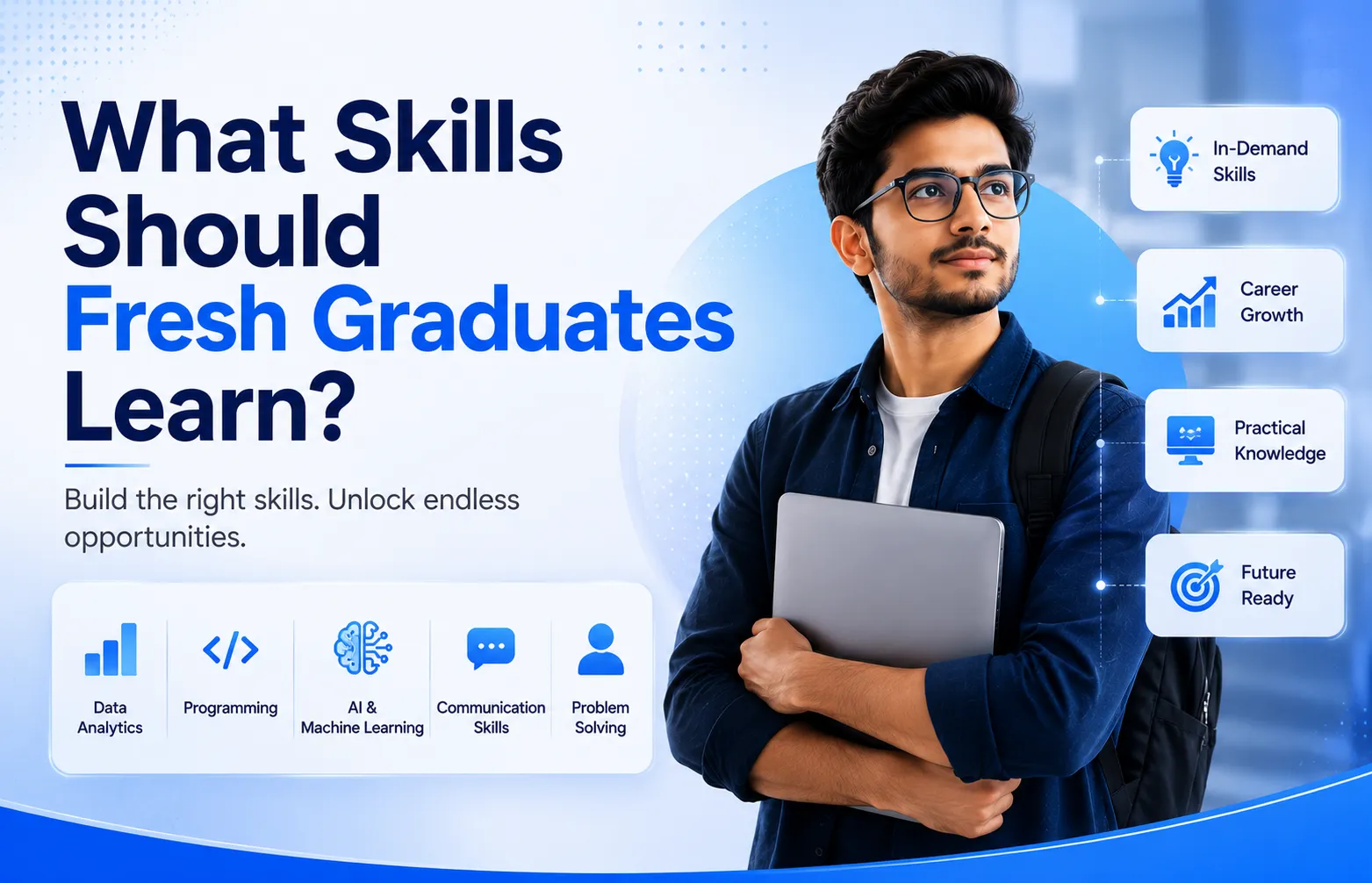A fresh graduate mapping out a skills and career roadmap covering programming, data, AI, and cloud on a whiteboard.
