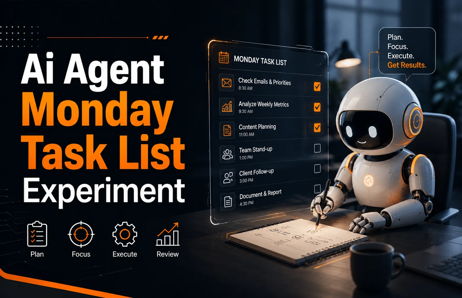 A notebook, coffee cup, and laptop showing a Monday morning task list handed off to an AI agent.