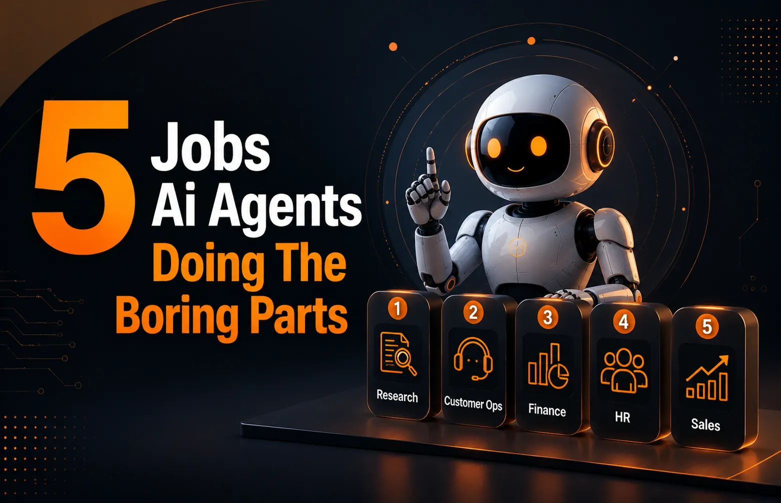 Icons representing research, customer support, finance, HR, and sales roles where AI agents now handle repetitive work.