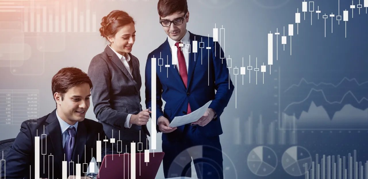 A secure vault icon overlaid with financial charts and graphs, representing risk and fraud analytics in the fintech sector.