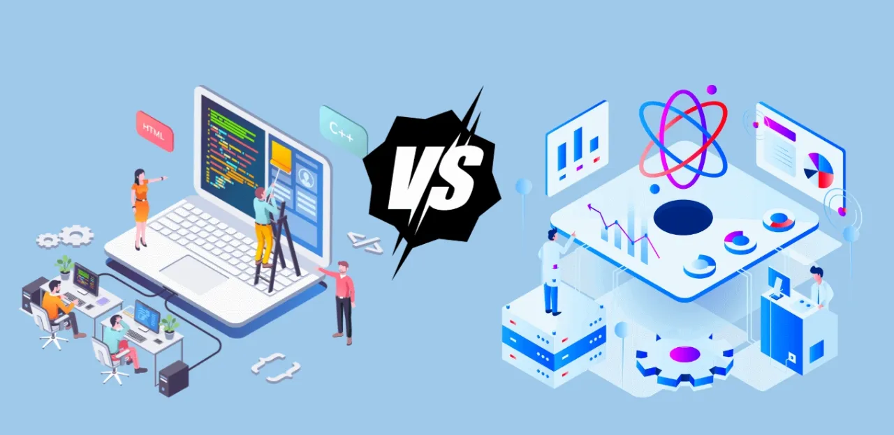 A split screen showing a data scientist analyzing charts and a full stack developer writing code for a web application.