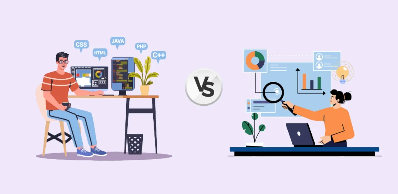 Split screen of a data scientist analyzing data and a full stack developer coding