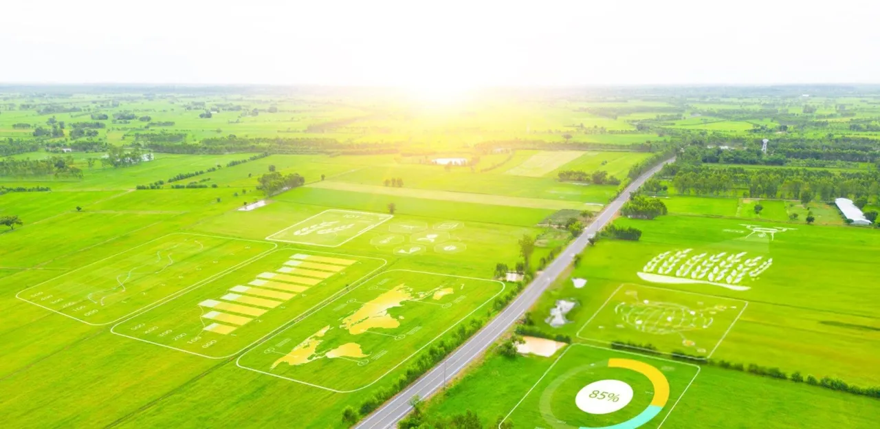 A drone flying over a farm field with data analytics overlays showing crop health.